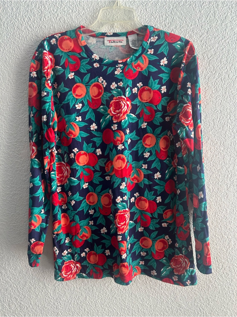 Talbots L 100% Cotton Fruit Floral Print Long Sleeve Top Navy Grandmacore Garden
